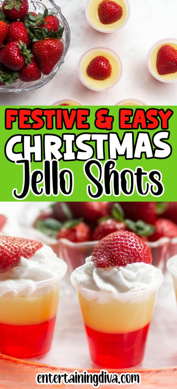 Festive and easy strawberries and cream layered Christmas jello shots.