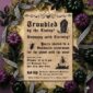 Troubled with the living invitation with black and white ribbon, purple and black pumpkins and leaves in the background