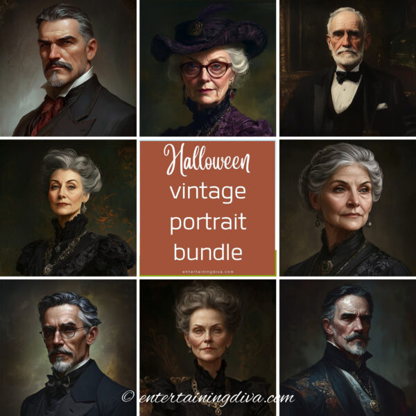8 vintage portraits with the text Halloween vintage portrait bundle in the middle