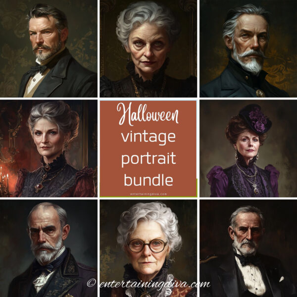 A collage of vintage portraits with the text Halloween vintage portrait bundle in the middle