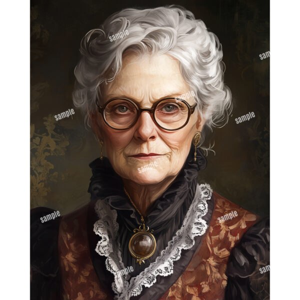 A vintage portrait of an old Victorian woman with white hair, glasses and a high collared dress