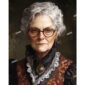 A vintage portrait of an old Victorian woman with white hair, glasses and a high collared dress