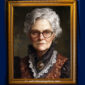 A framed picture of an old Victorian woman with glasses and a black high-collared dress