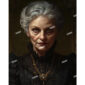 A vintage portrait of an old Victorian woman with grey hair, a black dress and a mean stare