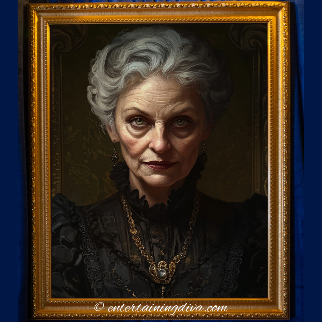 A framed picture of a Victorian woman with dark, intense eyes, dressed in a black lace dress with a gold necklace