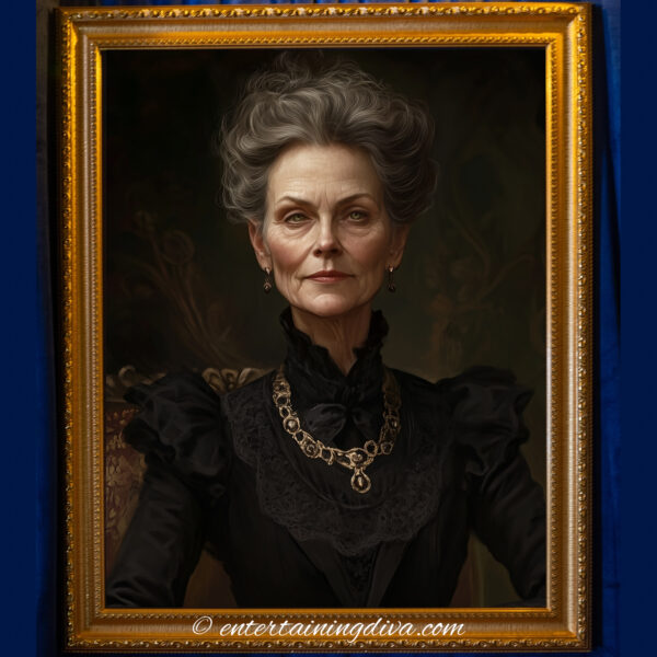A vintage-style Halloween wall art portrait of a Victorian woman