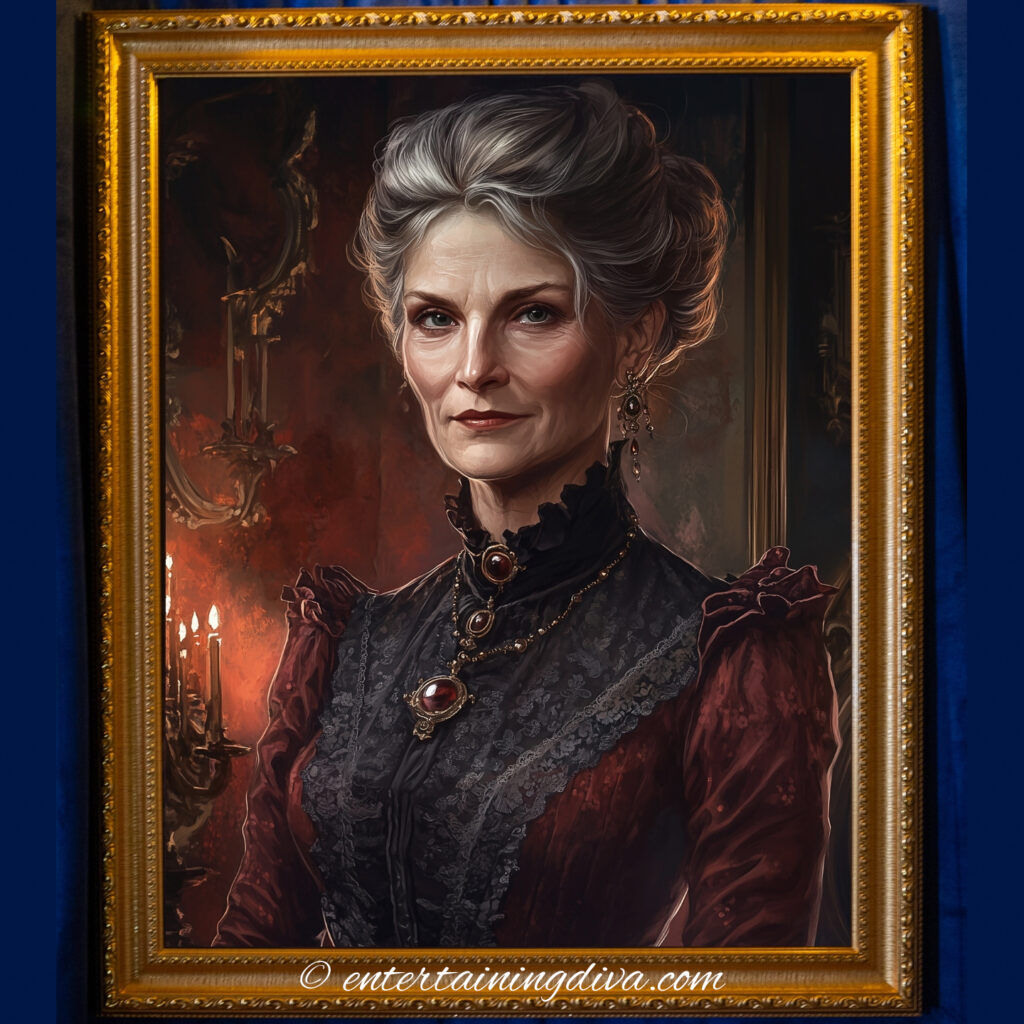 A vintage portrait of a Victorian woman with a red background and a red velvet dress