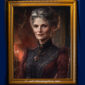 A vintage portrait of a Victorian woman with a red background and a red velvet dress