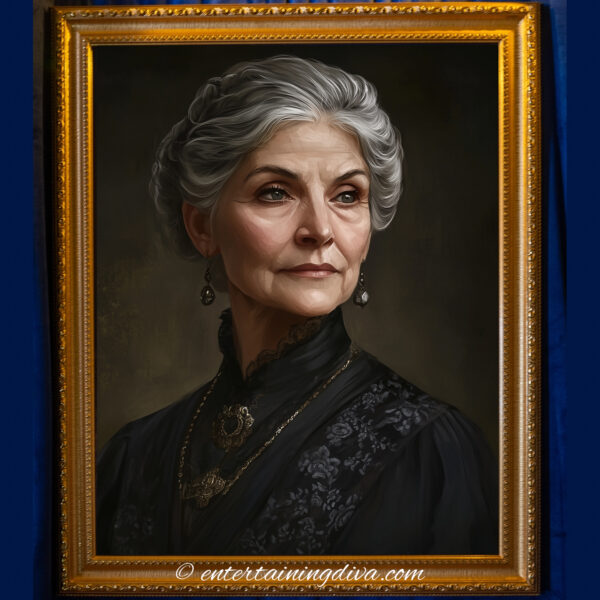 A portrait of a Victorian woman with silver hair and a black dress