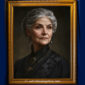 A portrait of a Victorian woman with silver hair and a black dress