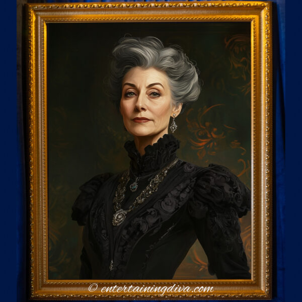 Framed portrait of a Victorian woman with gray hair, a black dress and a dark green background