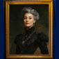 Framed portrait of a Victorian woman with gray hair, a black dress and a dark green background