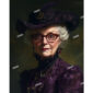 A portrait of a Victorian woman with a purple hat and dress