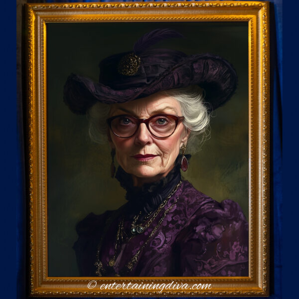 Victorian woman in a dark purple hat with feathers and matching dress, wearing glasses and layered jewelry, with a confident, mysterious expression.