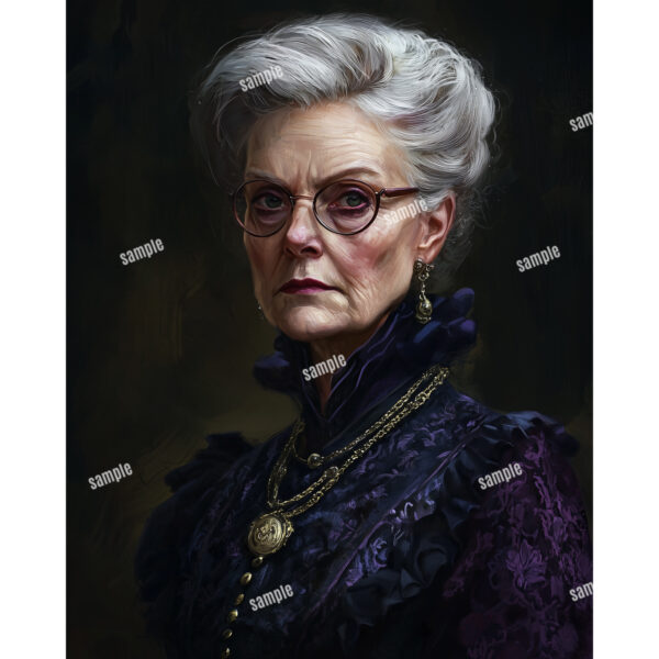 A vintage portrait of a Victorian woman with grey hair, glasses and a purple dress