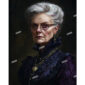 A vintage portrait of a Victorian woman with grey hair, glasses and a purple dress