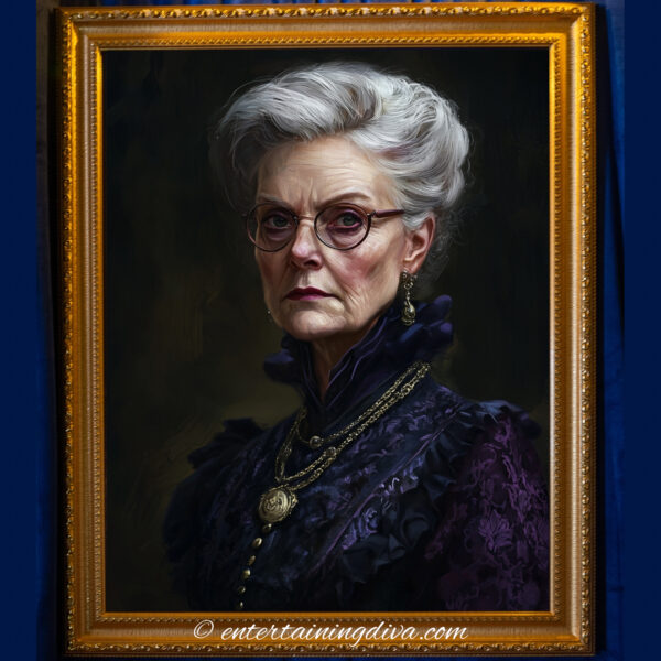 Digital portrait of a severe-looking Victorian woman in a richly detailed purple gown, wearing glasses and gold jewelry, with a dark background.