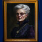 Digital portrait of a severe-looking Victorian woman in a richly detailed purple gown, wearing glasses and gold jewelry, with a dark background.