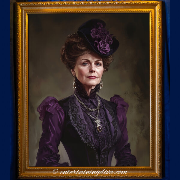 victorian lady vintage portrait 9 framed-2 Victorian woman in a black and purple gown with a large floral hat, standing confidently against a brown background with a faint ghostly figure.