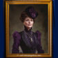 Victorian woman in a black and purple gown with a large floral hat, standing confidently against a brown background with a faint ghostly figure.