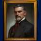 Digital portrait of an older Victorian man with swept-back gray hair, wearing a black coat and red cravat, staring sternly against a dark background.