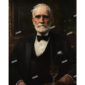 A portrait of an old Victorian man in a tuxedo with a wine glass