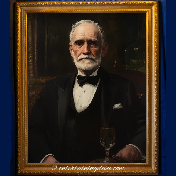 Seated Victorian gentleman with a white beard and tuxedo, holding a wine glass, posed in warm lighting with a subtle smile.