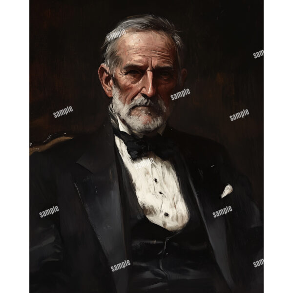 Portrait of an old Victorian man with white hair and a tuxedo