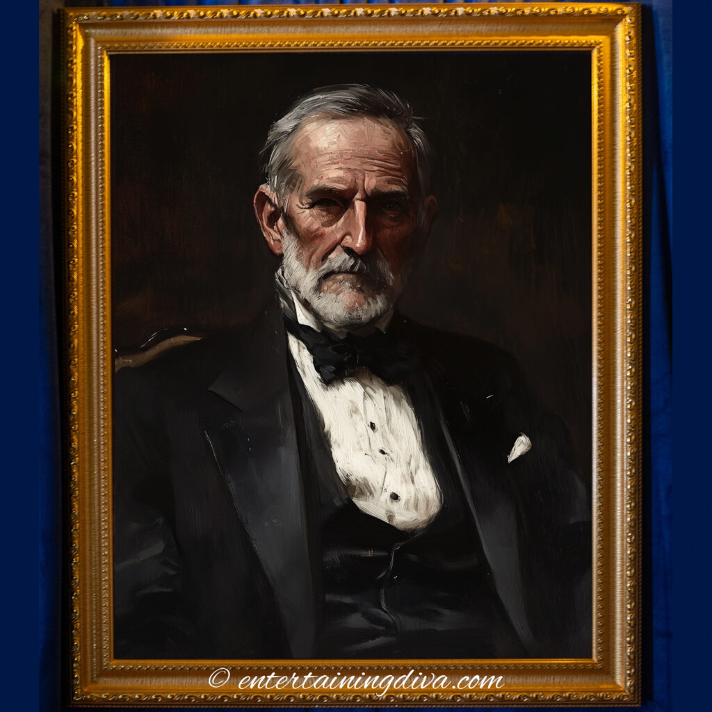 Dark, moody portrait of a stern Victorian man in formal attire with deep-set eyes and dramatic shadows, giving an intense stare.