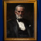 Dark, moody portrait of a stern Victorian man in formal attire with deep-set eyes and dramatic shadows, giving an intense stare.