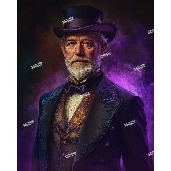 victorian man vintage portrait 4 Portrait of a Victorian man with a top hat with a purple background