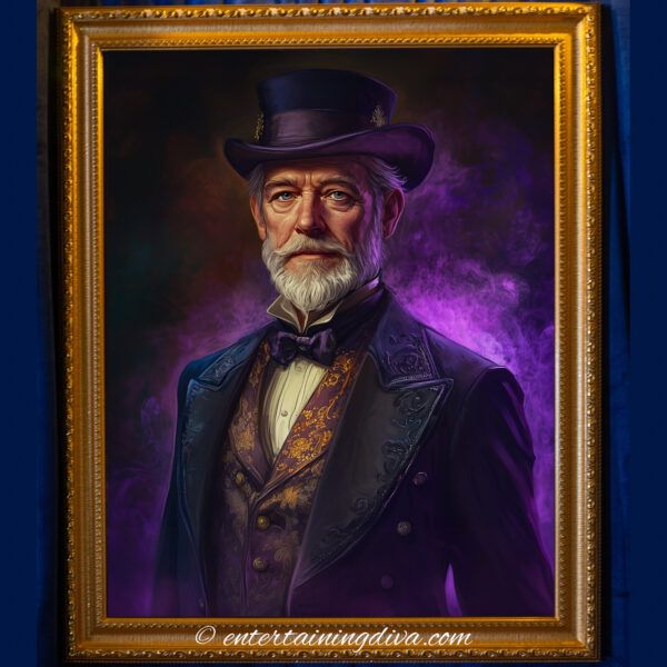 Victorian man with a top hat and embroidered vest, surrounded by purple smoke and soft lighting, with a curious, mysterious expression.