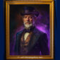 Victorian man with a top hat and embroidered vest, surrounded by purple smoke and soft lighting, with a curious, mysterious expression.