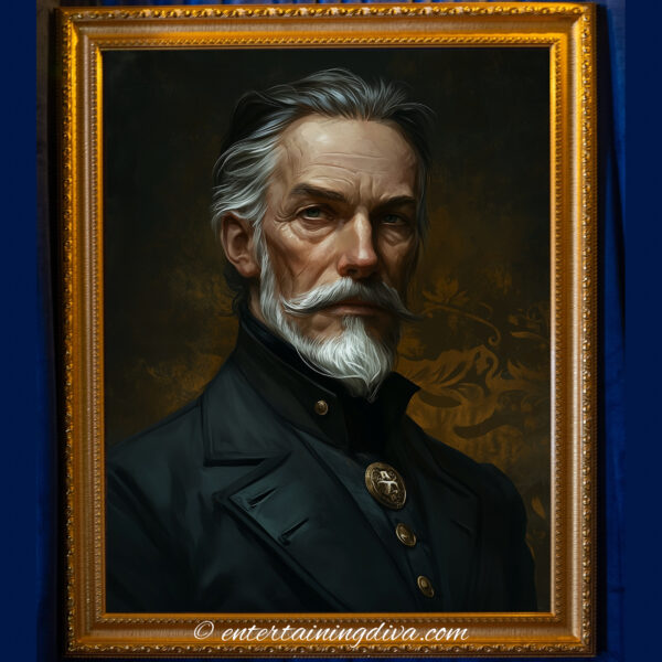 Formal portrait of a Victorian man in a dark navy coat with a high collar, posed with a stern expression against a shadowy background.