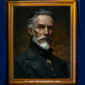 Formal portrait of a Victorian man in a dark navy coat with a high collar, posed with a stern expression against a shadowy background.
