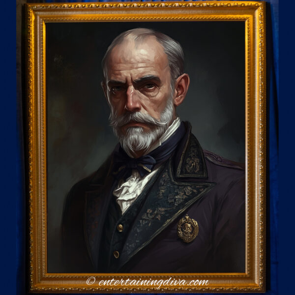 Portrait of a balding Victorian man with a pointed stare, wearing a deep red embroidered coat and cravat, set against a vintage backdrop.