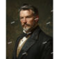 A portrait of younger Victorian man with a beard wearing a tux in front of a dark green background