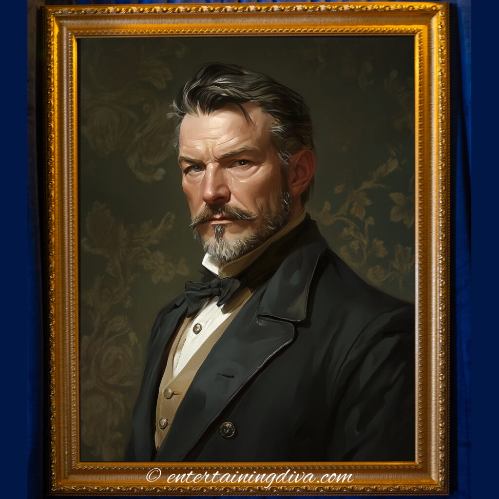 Younger Victorian man with dark hair and a sly expression, dressed in a gold waistcoat and dark jacket, softly lit in a painterly style.