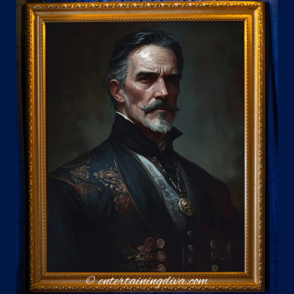 Victorian man in a dark patterned formal black with a golden medallion, giving a commanding stare in a shadowy, vintage-style setting.