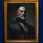 Victorian man in a dark patterned formal black with a golden medallion, giving a commanding stare in a shadowy, vintage-style setting.