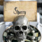 Halloween antique place card in a skull place card holder