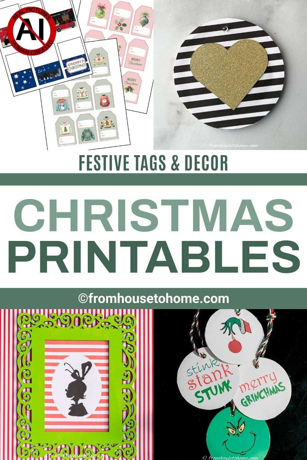 A collage of free Christmas printables with the text "Festive Tags & Decor Christmas Printables" written across the middle