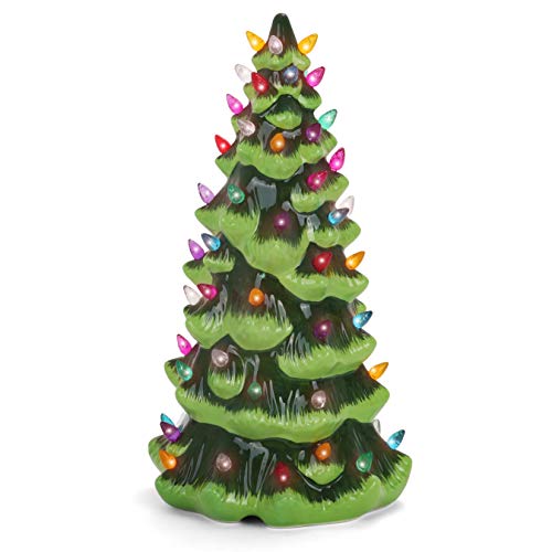 Milltown Merchants Ceramic Christmas Tree – Tabletop Tree with Lights – (13″ Green Christmas Tree/Multicolored Lights) – Lighted Vintage Ceramic Tree