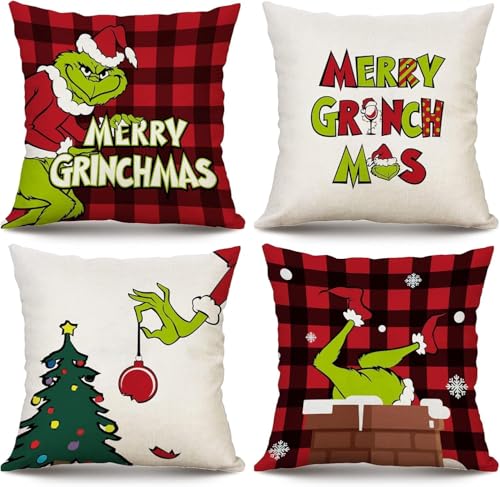Jyumini Christmas Pillow Covers 18×18 inch Set of 4 for Decorations Red Buffalo Plaid Pillows Xmas Cushion Case Winter Holiday Merry Throw Farmhouse Decor Couch