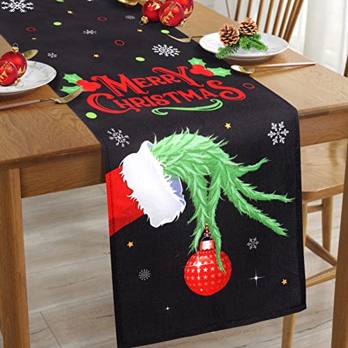 Waenerec Christmas Table Runner Black 14 x 72 Inch Rustic Holiday Farmhouse Merry Christmas Theme Elf Table Cloth for Xmas Party Dining Table Decorations