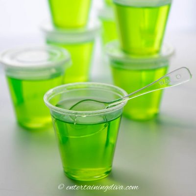 Close up of appletini jello shots with spoon