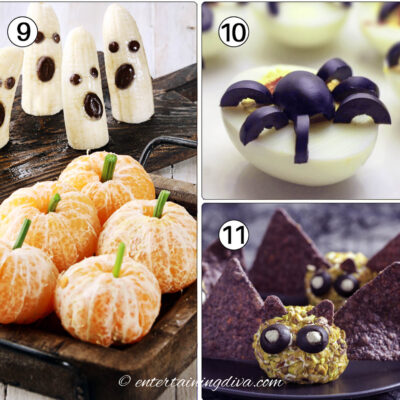 Halloween appetizers - banana ghosts, clementine pumpkins, spider deviled eggs and bat cheese balls