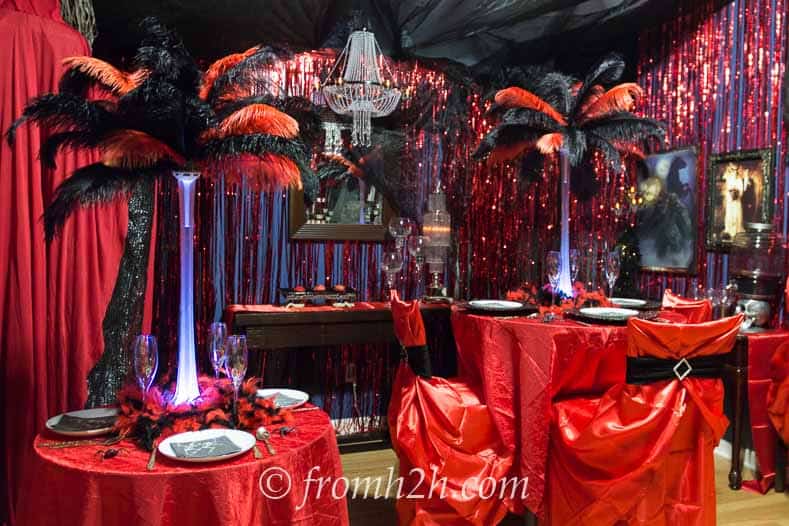 Red and Black Decor at a fallen angels and devils party