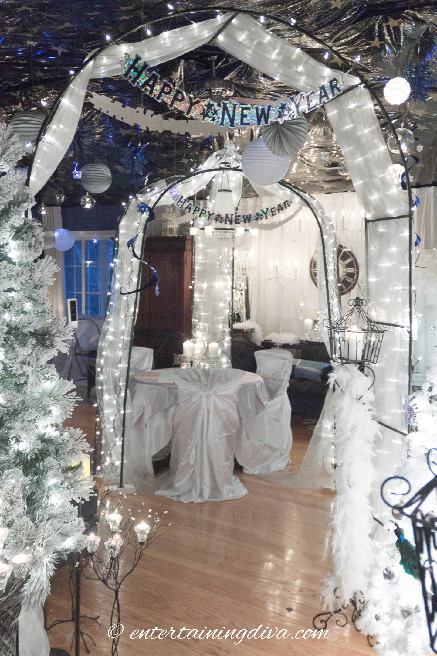 Winter wonderland party decor with lots of white