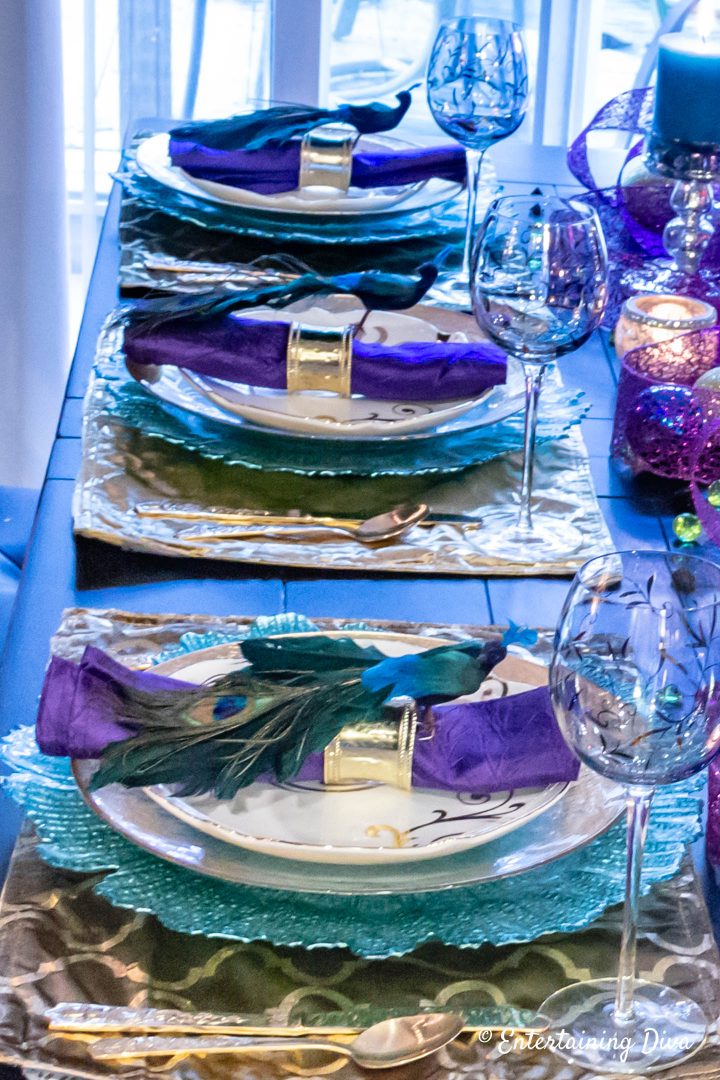 Peacock inspired Mardi gras tablescape